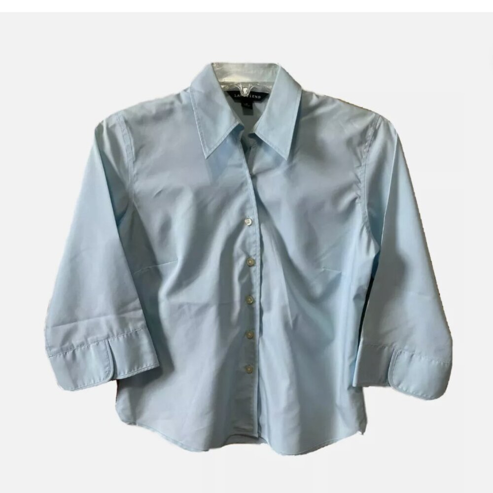 Lands End Button Up 3/4 Sleeve Blue Shirt Blouse Womens Size 4P Cotton Blend
